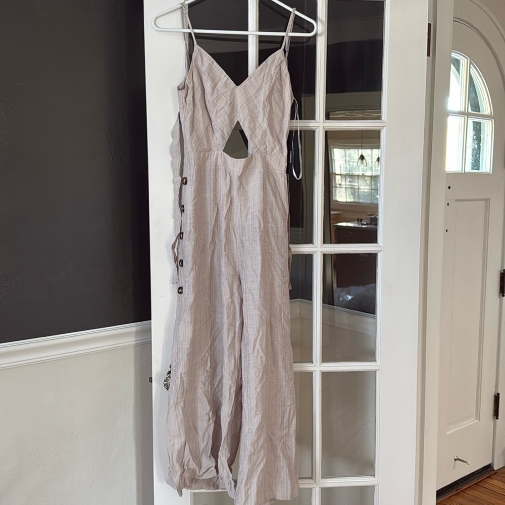 Lulu's Taupe Cutout Button-Side Linen Jumpsuit